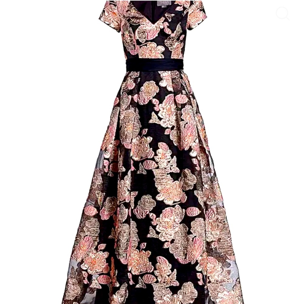 theia metallic cap sleeve ball gown